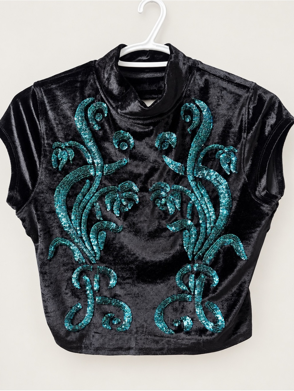 FREE PEOPLE - Black Velvet Teal Sequin Cutout Top